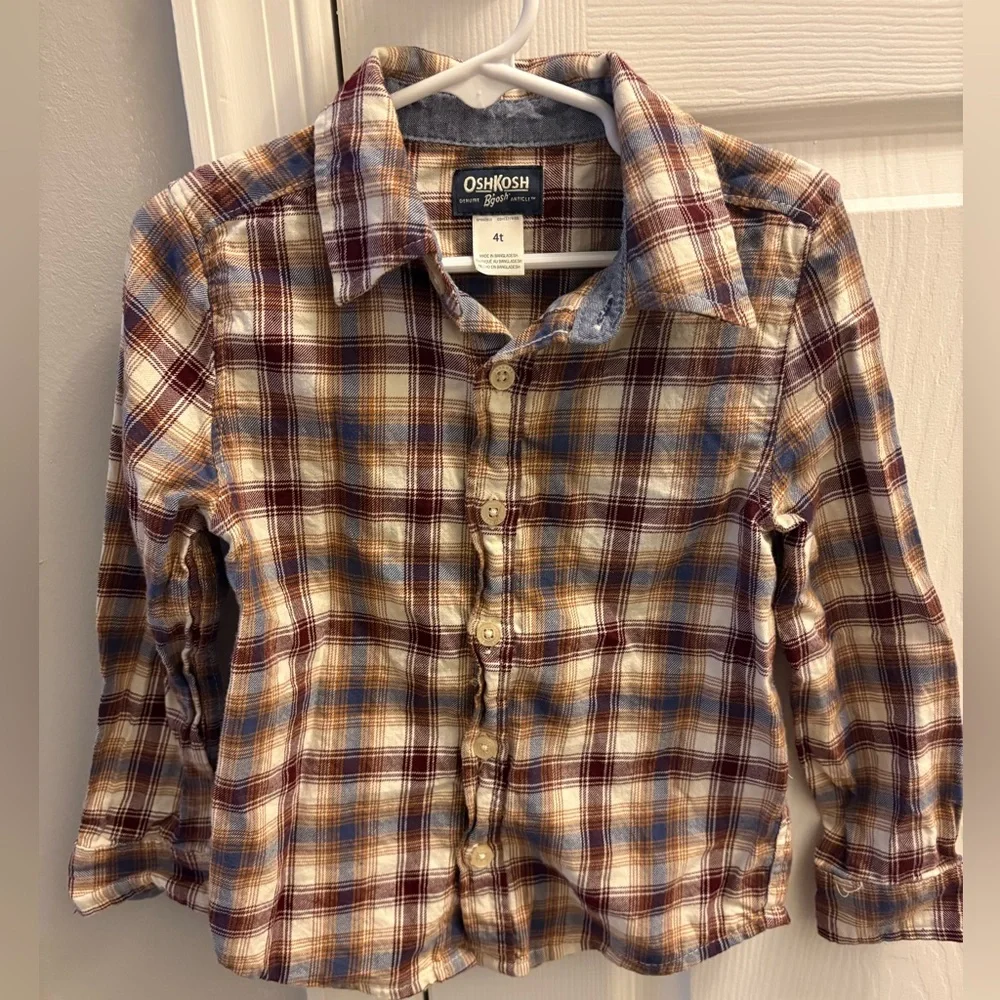 OshKosh B'gosh Plaid Boys Button Down Long Sleeve Shirt - Red, Blue, Brown